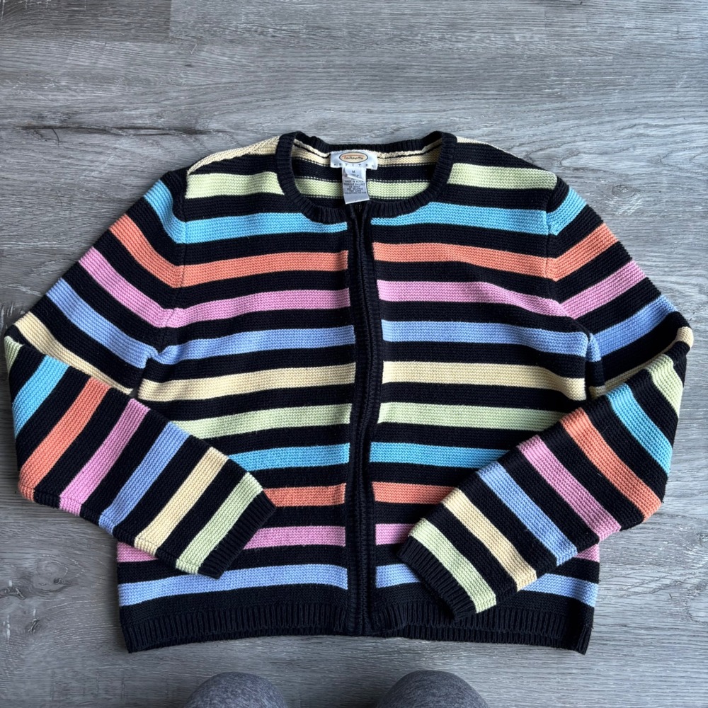 Talbots Rainbow Stripe Zip Up Cardigan Sweater Women's Medium‎ Grannycore